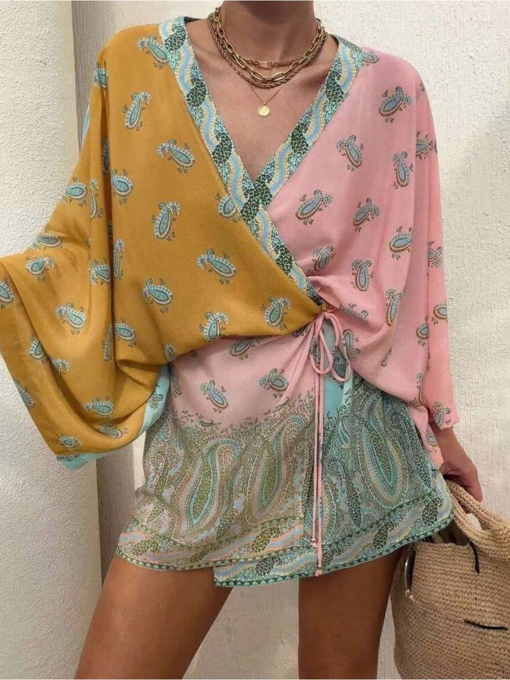 Paisley Wrap Tunic Top in Mustard & Blush